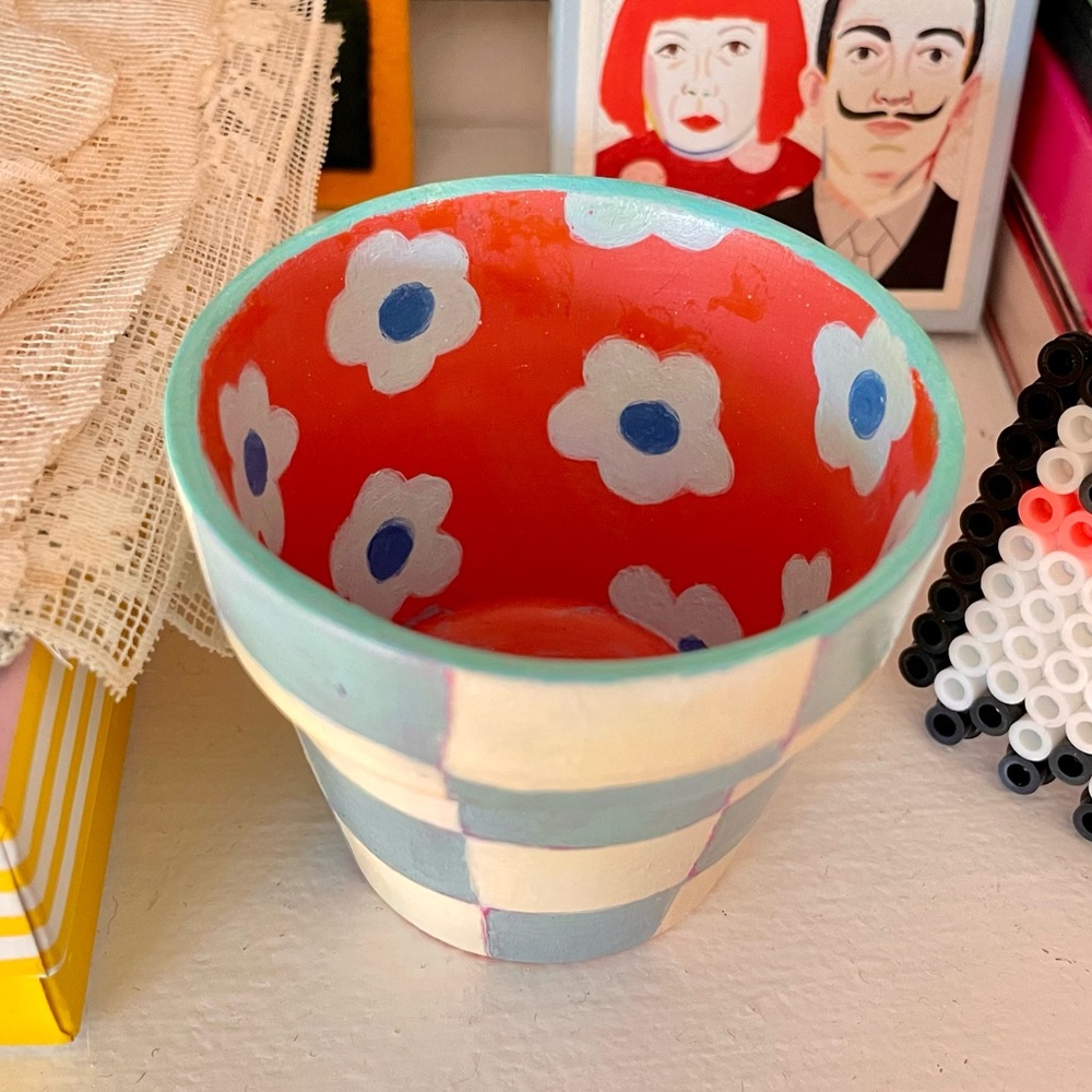 ORIGINAL ART hand painted blue orange & white checkered & floral print pot